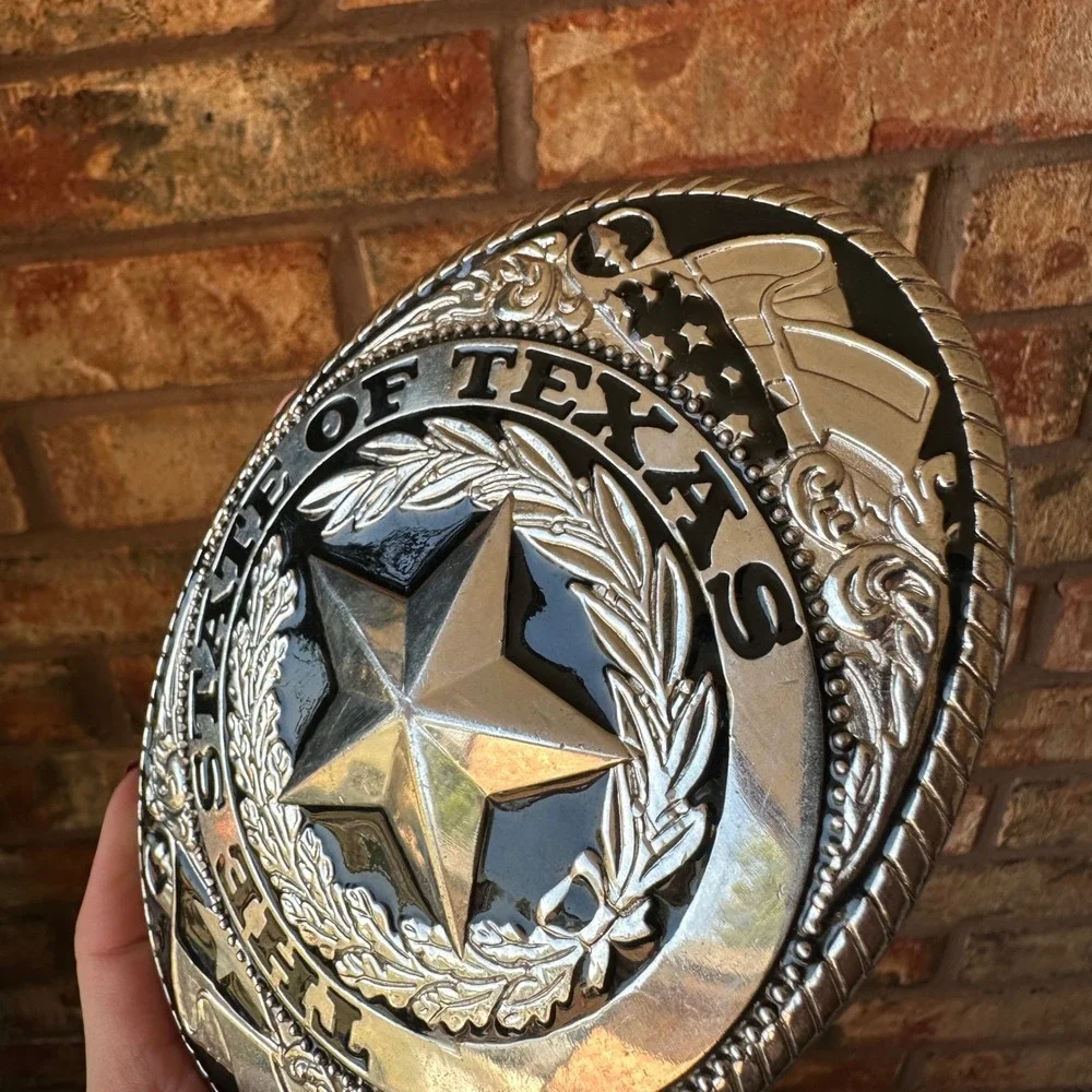 State of Texas Large Oversized Belt Buckle Silver Lone Star Oval Western Rodeo
